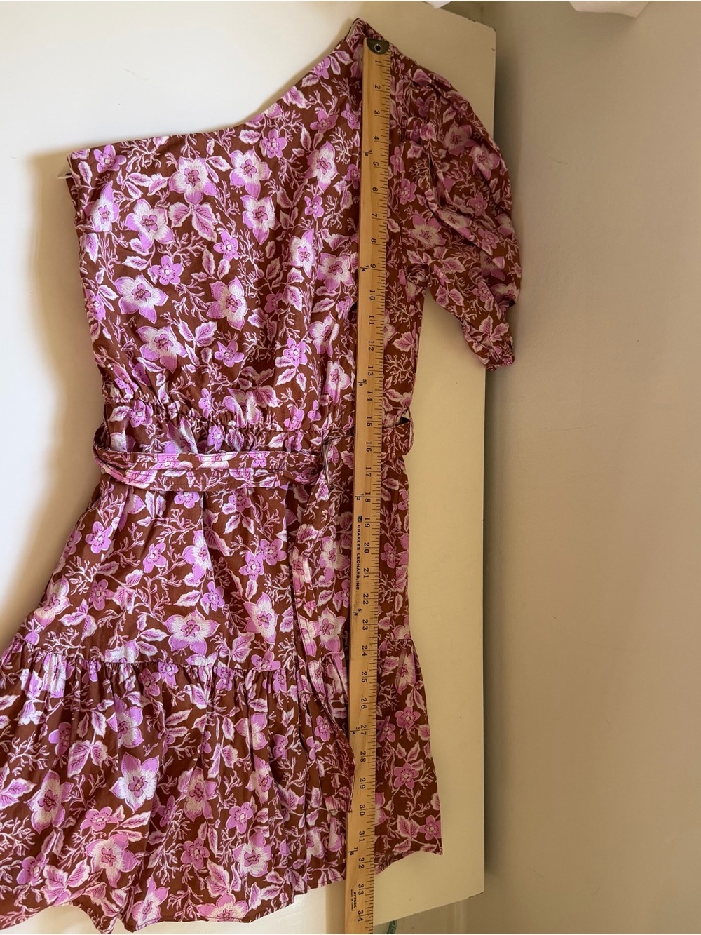 Jason Wu One Shoulder Dress Puff Sleeve Floral Tiered Rust Pink Size Medium - Picture 8 of 8